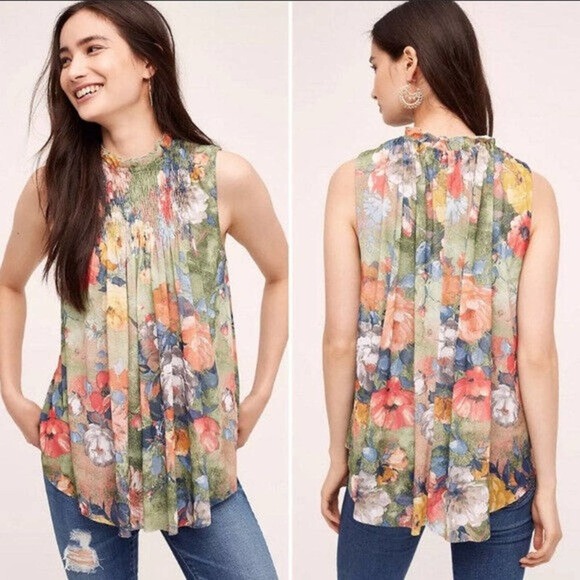 Deletta Tops - Deletta Anthropologie Epona Floral Swing Top Smocked Sleeveless Blouse Small